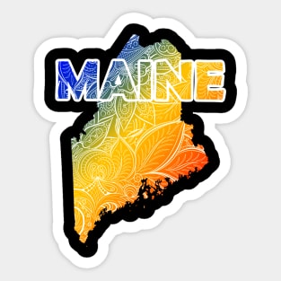 Colorful mandala art map of Maine with text in blue, yellow, and red Sticker